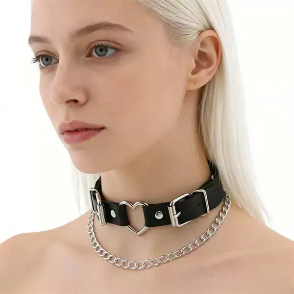 Vòng đeo cổ da PU hình trái tim kèm xích cách điệu VMY5JA